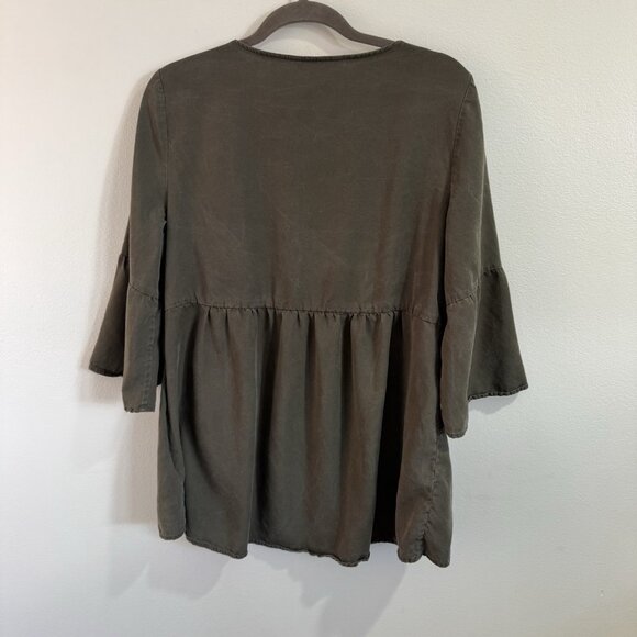 Boden Shirt 12 Curved Seam Tunic Olive Green Mineral Wash Bell Sleeves Boho - Picture 8 of 12